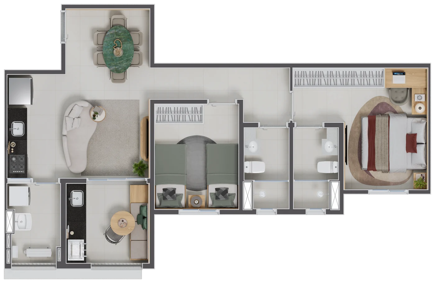 Planta de 70 m², 2 dormitórios